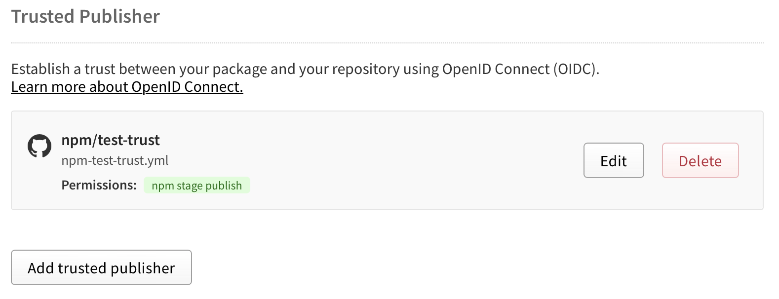 Screenshot of the Add trusted publisher button for configuring multiple trusted publishers