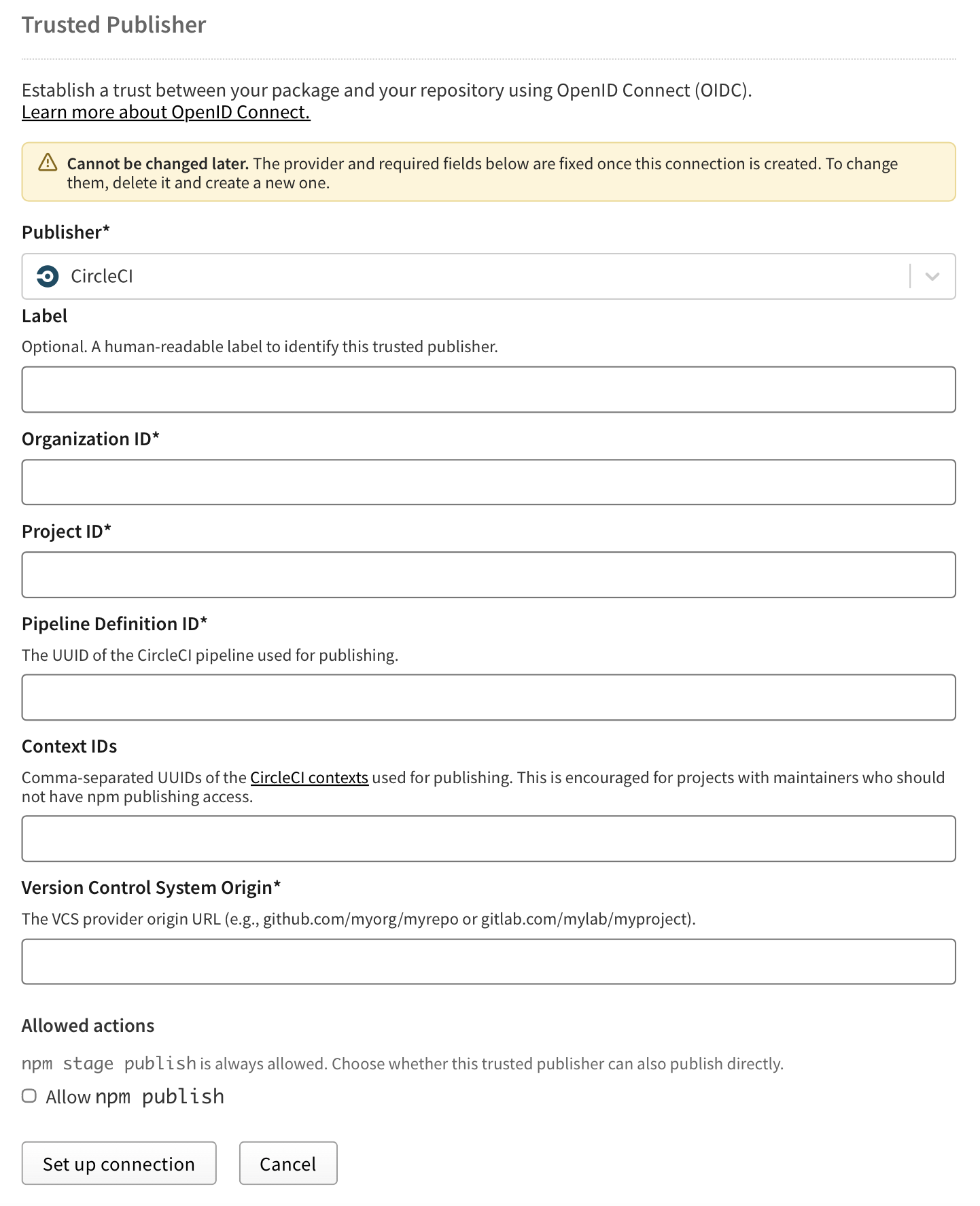Screenshot of CircleCI multiple trusted publisher configuration form
